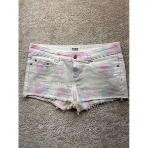PINK Victoria's Secret Women Size 6 Tie Dye Sequin Denim Mini Shorts Frayed Hem